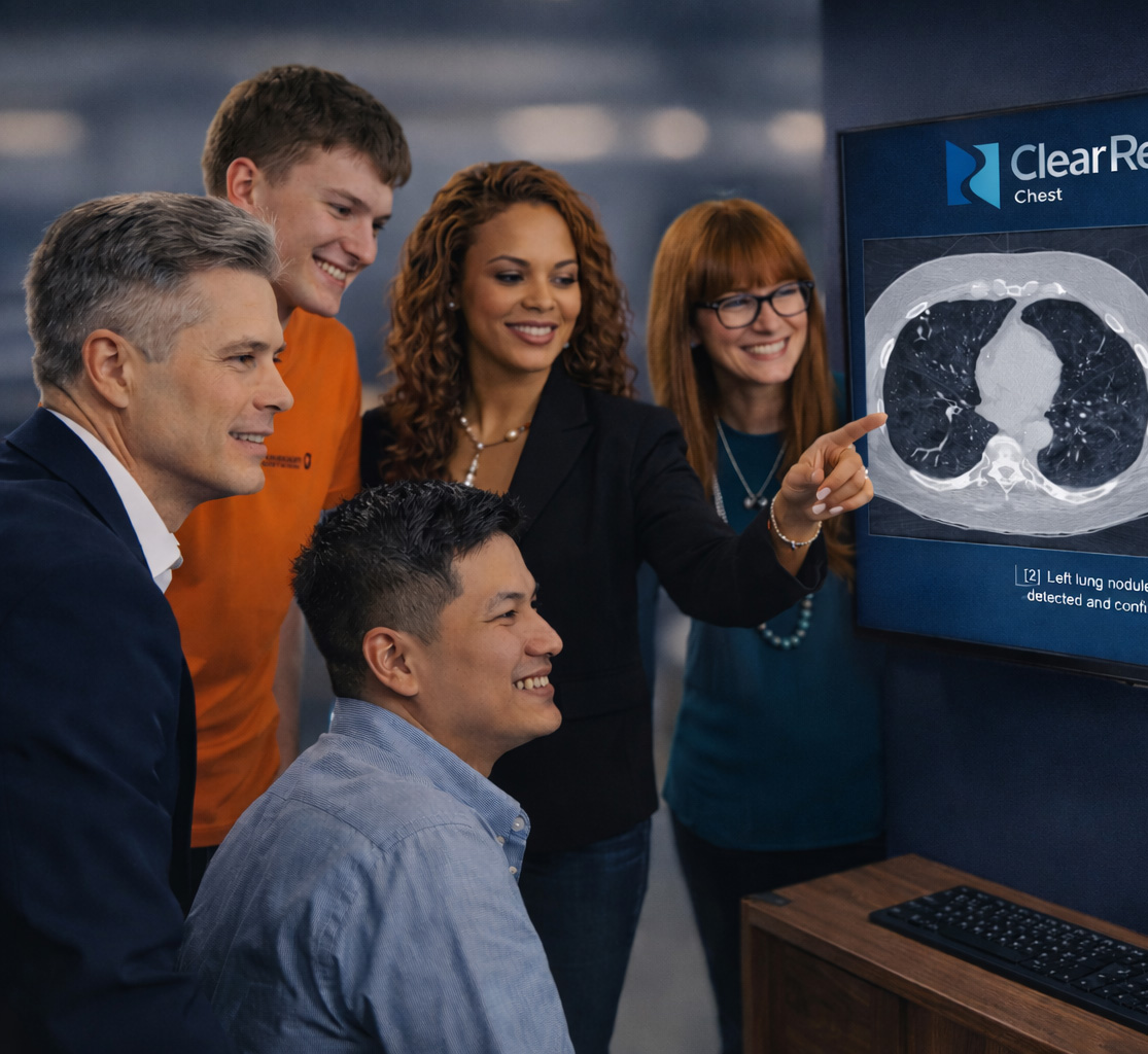 The Riverain Technologies team engages with attendees beside a ClearRead CT display at a company event, showcasing the people behind AI-powered radiology innovation.