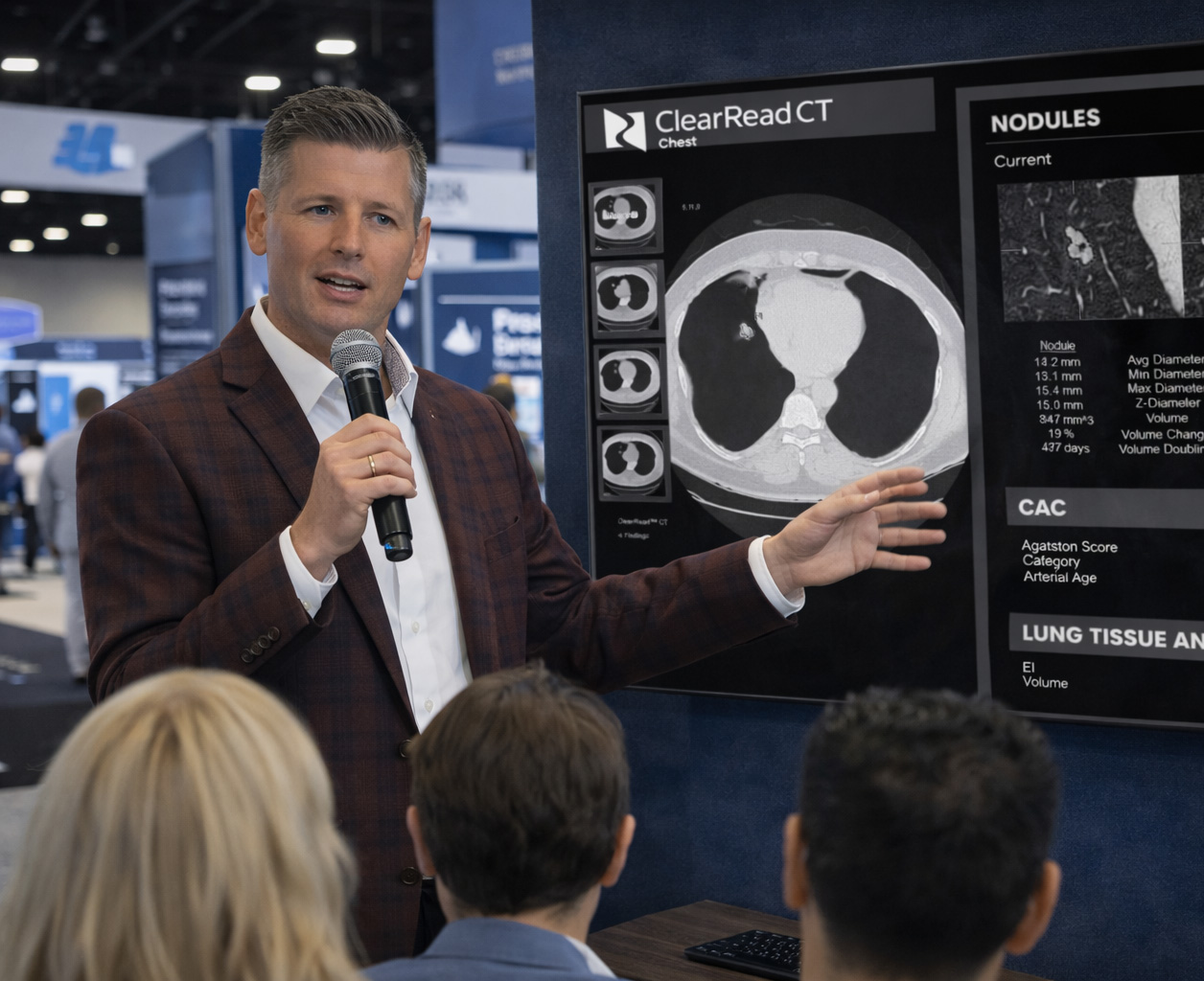 A Riverain Technologies leader presents ClearRead CT lung nodule detection results and CAC scoring data at an industry conference, demonstrating thought leadership in AI radiology.