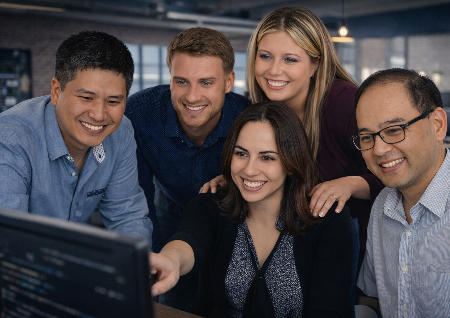 A diverse group of enthusiastic professionals collaborates around a laptop, representing the dynamic team culture and career opportunities at Riverain Technologies.