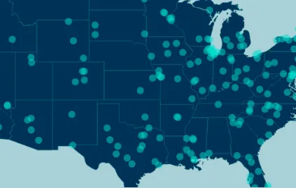 Locator search resource card displaying a dark-themed U.S. map with facility markers, helping patients find healthcare sites using Riverain Technologies ClearRead AI imaging solutions.