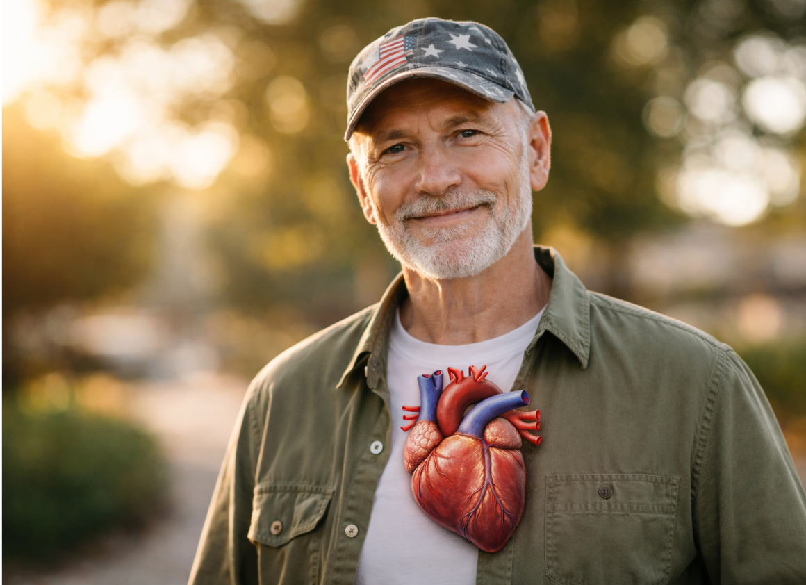A smiling middle-aged man wearing casual clothing with an anatomical heart overlay on his chest, symbolizing Riverain Technologies' coronary artery calcium scoring capabilities.