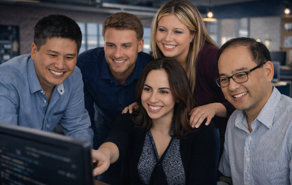 Careers page image featuring a diverse group of young professionals, representing the collaborative team culture and career opportunities at Riverain Technologies.
