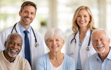 Community marketing widget showing a diverse group of clinicians and patients, representing Riverain Technologies commitment to accessible lung screening and cardiac imaging programs.