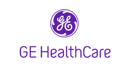 Official GE HealthCare logo in purple, a major medical imaging partner of Riverain Technologies for CT scanner and X-ray system integration.