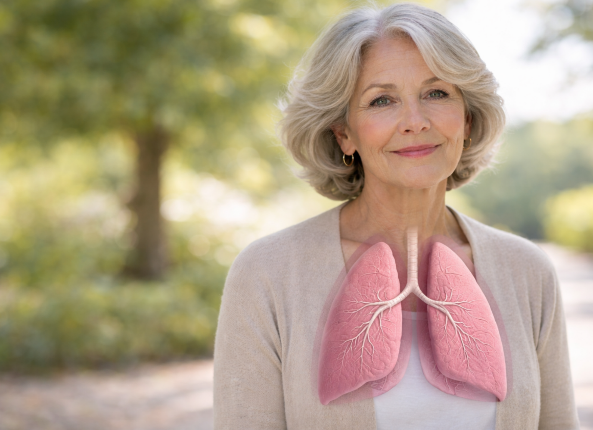 A smiling senior woman in an outdoor setting with a translucent lung anatomy overlay on her chest, representing Riverain Technologies' focus on early lung disease detection.