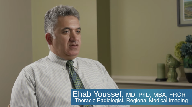 Webinar hero featuring Dr. Ehab Youssef, MD, PhD, MBA, FRCR, Thoracic Radiologist at Regional Medical Imaging, presenting on time-saving benefits of ClearRead CT in clinical practice.