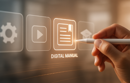 Digital manual hero illustration with stylus pen and document interface, representing Riverain Technologies ClearRead CT and ClearRead Xray product documentation portal.