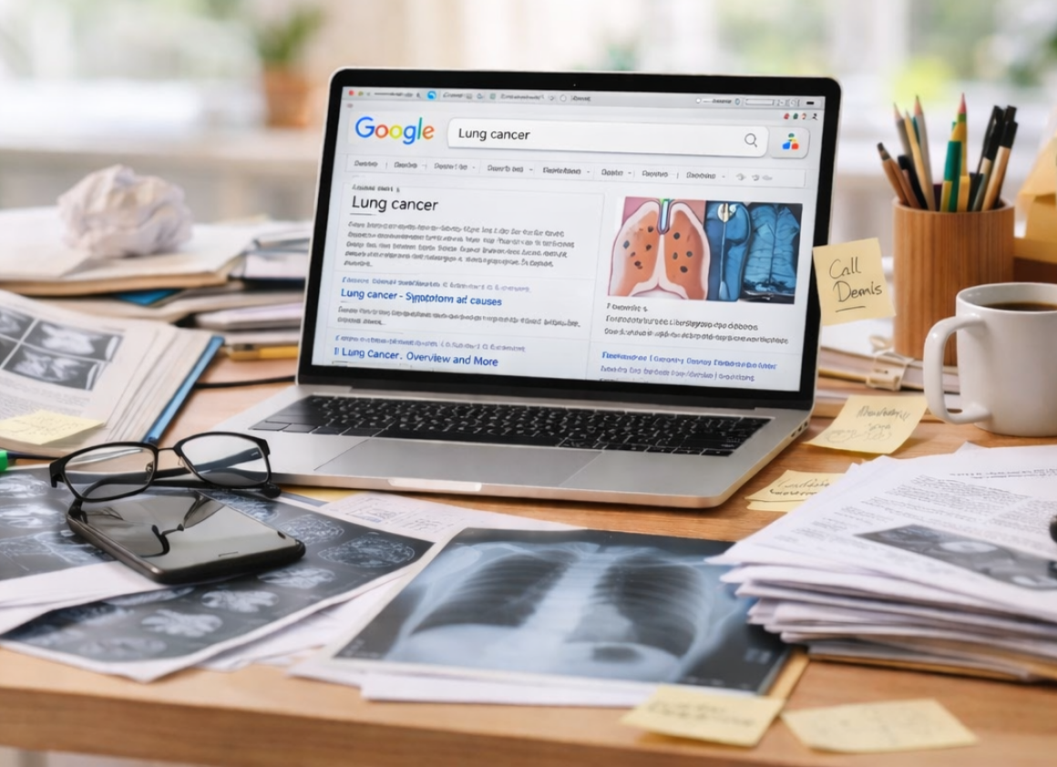 A laptop shows lung cancer research results surrounded by clinical papers and a coffee mug, representing Riverain Technologies' comprehensive radiology resource library.