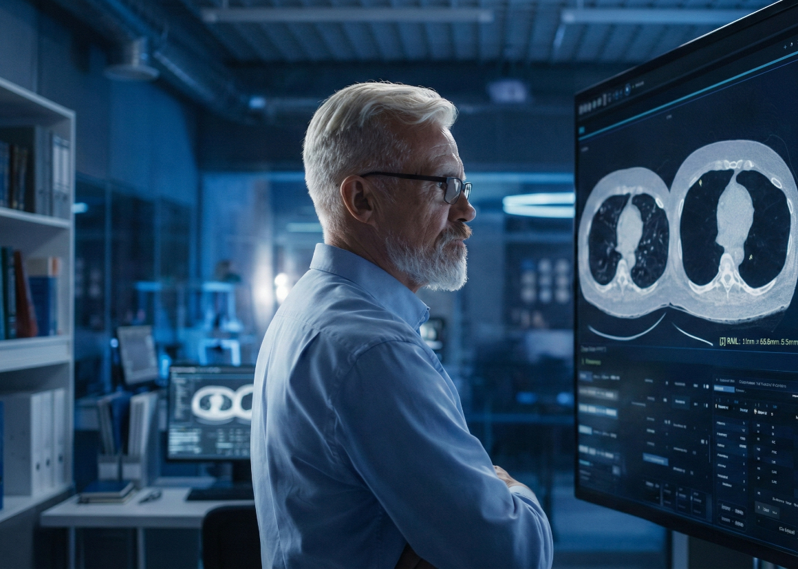 Senior radiologist with glasses reviewing AI-powered lung CT scan visualizations on a clinical workstation, illustrating how Riverain Technologies supports diagnostic decision-making in radiology.