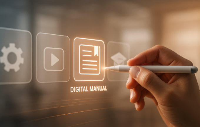 Creative illustration of a hand interacting with floating digital manual and documentation icons, representing Riverain Technologies' user manuals and account sign-up resources.