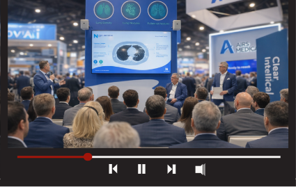 Riverain Technologies video player widget featuring RSNA radiology conference presentation showcasing ClearRead CT and AI-powered imaging solutions to industry professionals.