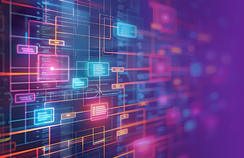 Vibrant digital workflow background with circuit board and data node visualization, used behind Riverain Technologies ClearRead CT radiology integration content.