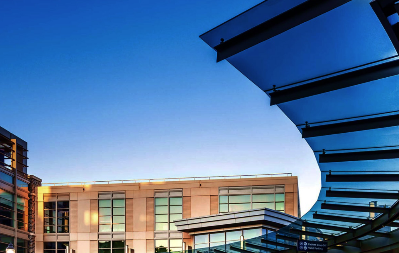 Duke University's medical center featuring a distinctive modern canopy structure and glass facades, representing a premier Riverain Technologies clinical research partner.