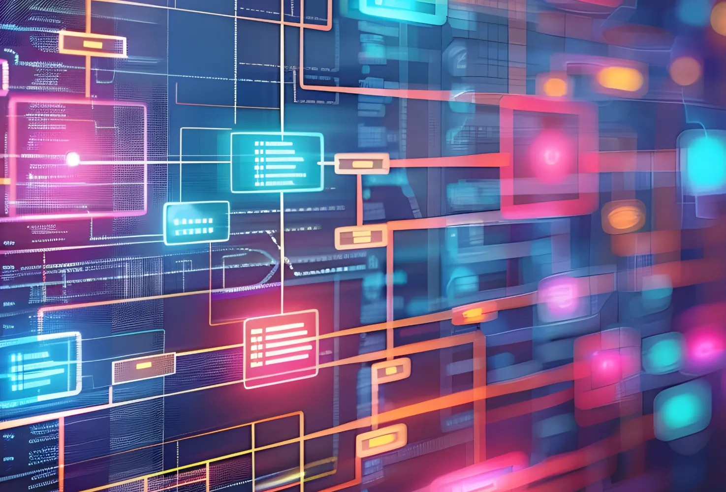 A vibrant digital visualization of interconnected workflow nodes and data pathways represents Riverain Technologies' seamless radiology integration and clinical workflow solutions.