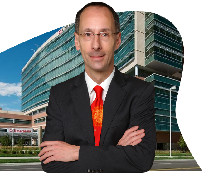 Dr. Peter B. Sachs, MD, portrait with hospital campus backdrop, a radiology expert contributing to Riverain Technologies ClearRead clinical validation and workflow research.